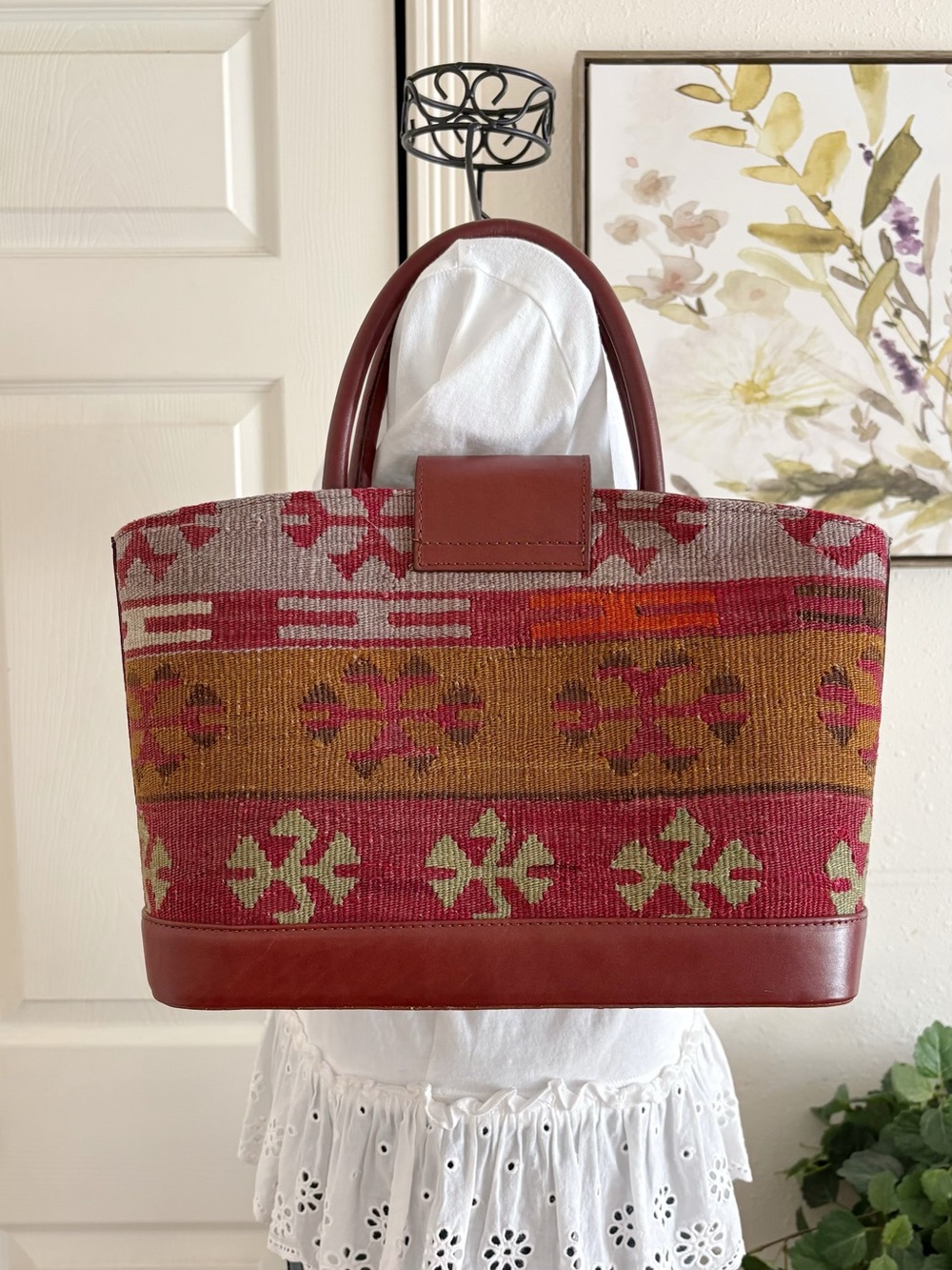 Red Kilim-Pattern Leather-Trim Tote - Picture 3 of 10